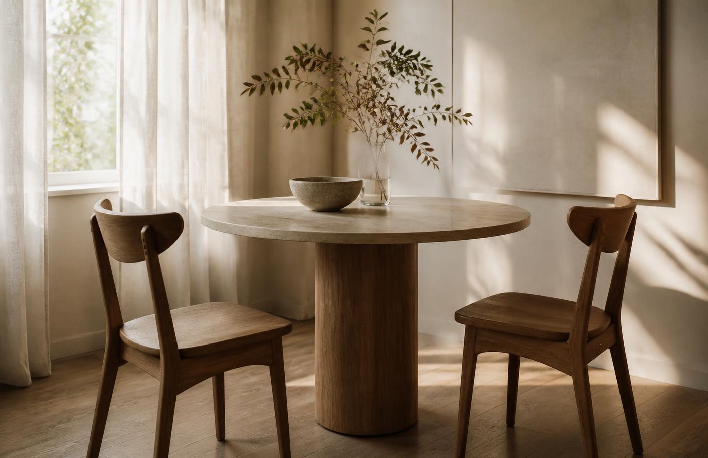 Two simple wooden chairs facing each other beside a round table in a light-filled room
